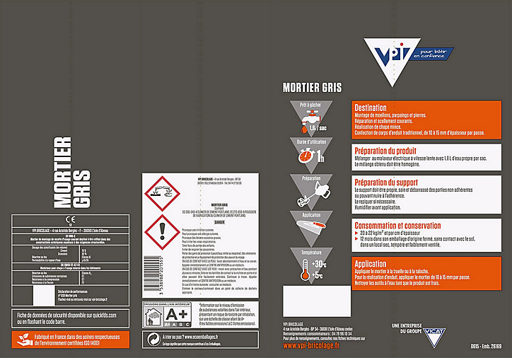 Mortier à maçonner VPI gris 15kg prêt à l'emploi