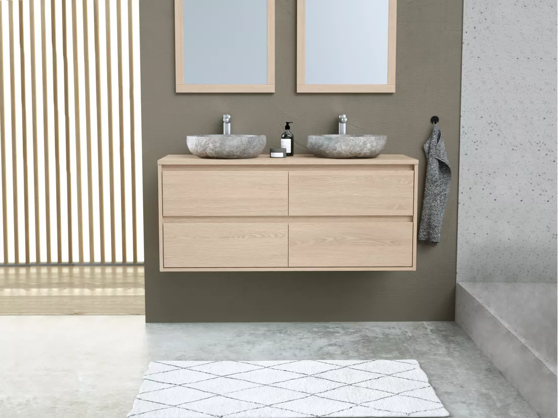 Meuble de salle de bain avec double vasque à poser en pierre et miroir - Placage chêne - 120 cm - MILIPAM