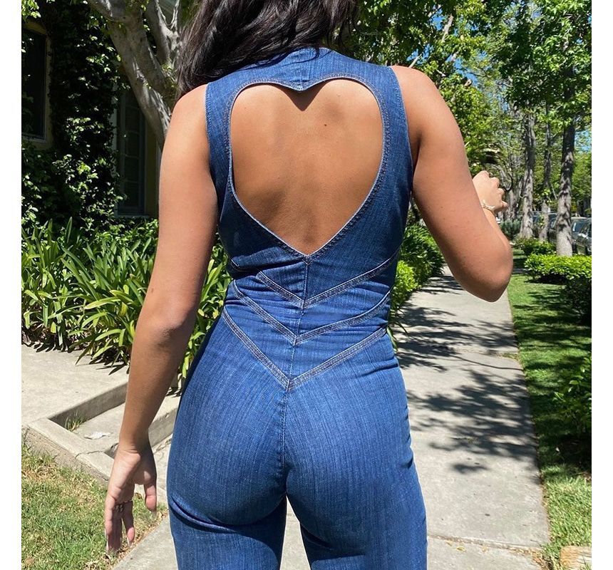 MOONGATE - Mouwloze V-hals denim bootcut jumpsuit met rits