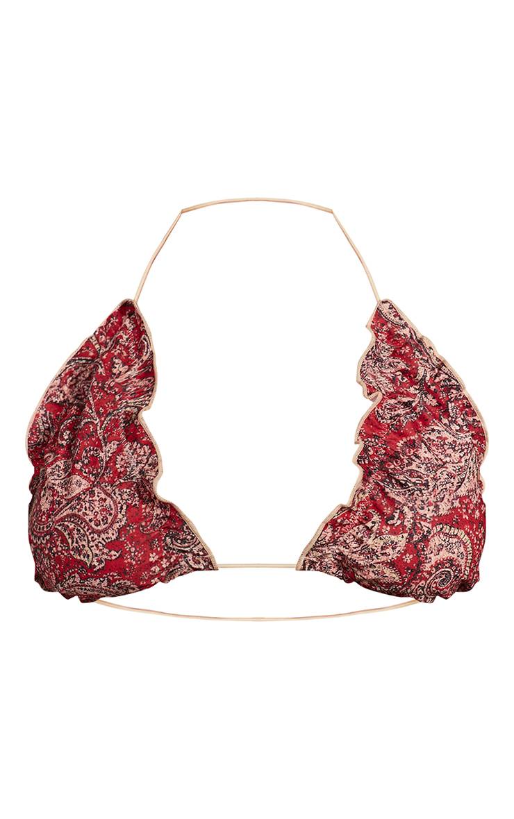 Rouge Haut De Bikini Triangle À Imprimé Cachemire Et Ourlet À Volants