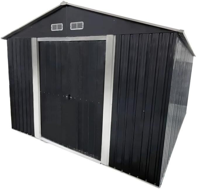 4iQ Metall Gerätehaus 9 m² – Stahl Gartenhaus 303 x 300 x 214 cm, verzinkt, Schuppen für Werkzeug, Fahrräder & Gartengeräte, Anthrazit