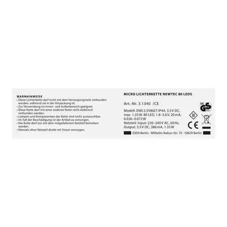 Idena Lichterkette NewTec, 80 Micro LED ww 8h Timer
