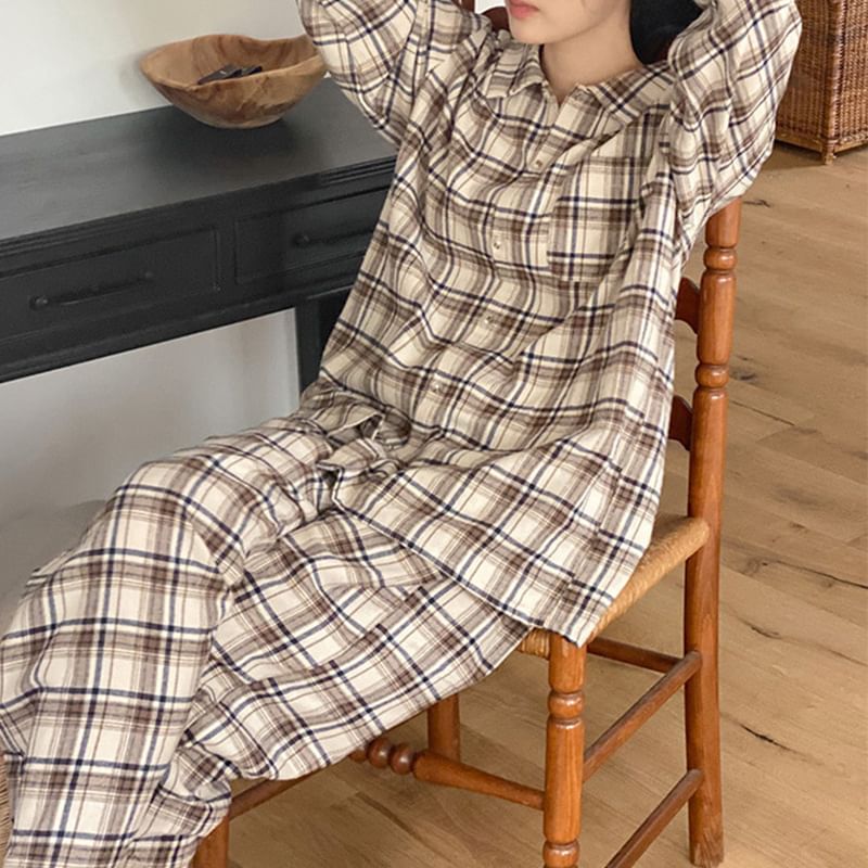 lolliert - Pyjamaset: geruite top met lange mouwen, kraag en knopen + broek