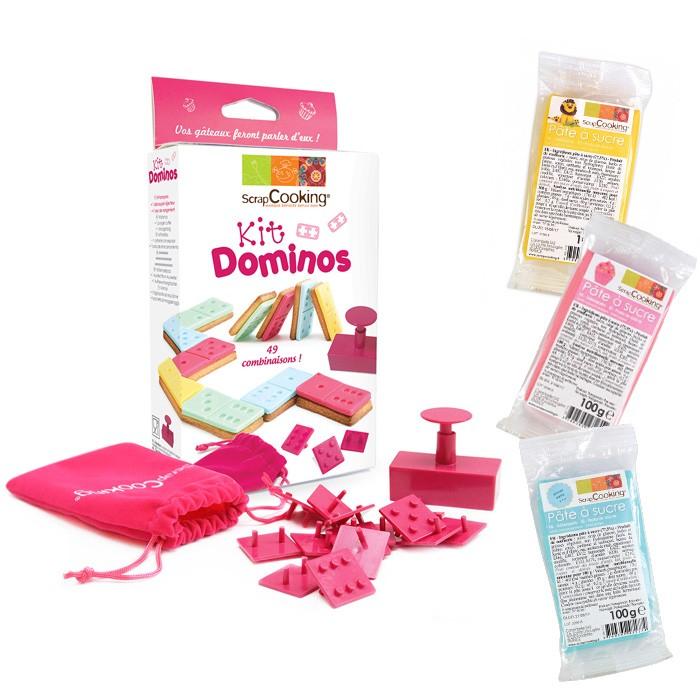 Kit Biscuits Dominos + 3 sachets de pâte à sucre (bleu, rose et jaune)