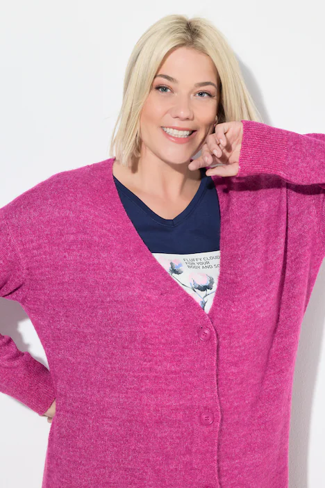 Strickjacke, Boxy Fit, V-Ausschnitt, Knopfleiste, Sommerbeere