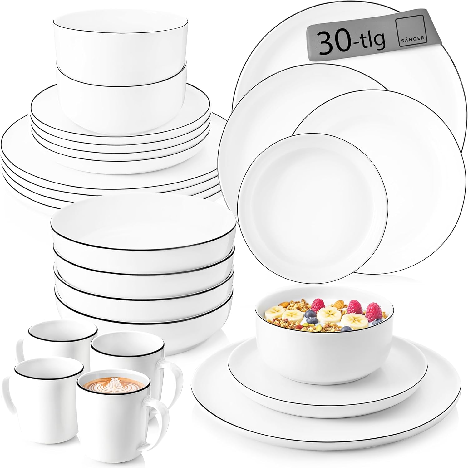 SÄNGER | Kombiservice Marlo Black Rim Weiß/Schwarz, 30tlg Geschirrset für 6 Personen mit Speise-, Dessert-, Schalen, Müslischalen und Kaffeebechern aus Porzellan | PREMIUM COLLECTION