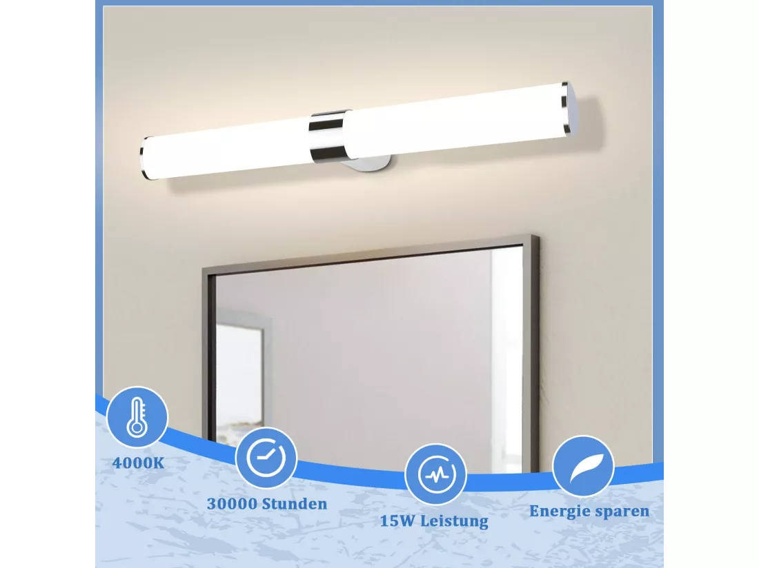 NETTLIFE Applique miroir LED 15W 60CM Chrome Etanche IP44 Blanc neutre 4000K Moderne