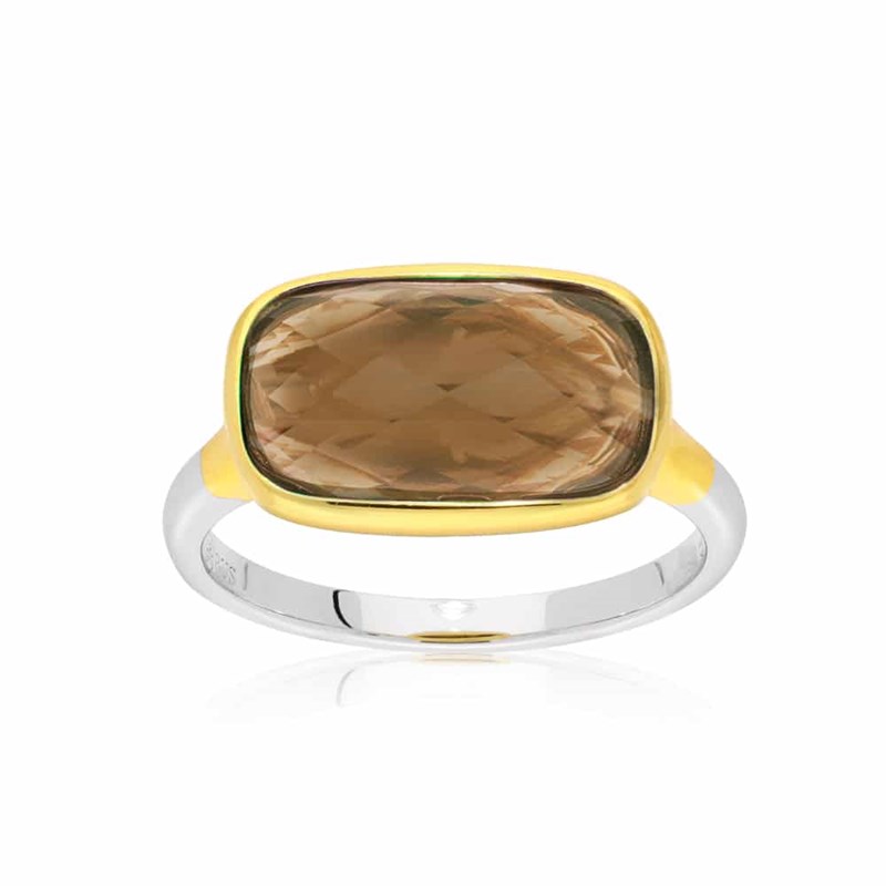 Bague Argent Doré Petit Galet Brun