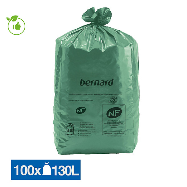 Sacs poubelle déchets lourds Bernard Green NF verts 130 L, lot de 100