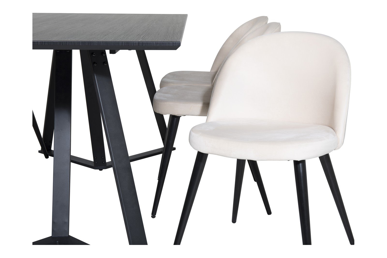 Marina og Velvet Spisegruppe Marina spisebord i sort med 6 stk. Velvet spisestoler i Beige fløyel og sorte ben.