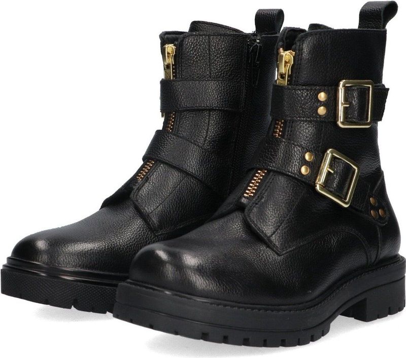 Braqeez 424783-589 Meisjes Biker Boots - Zwart - Leer - Gesp Met Rits