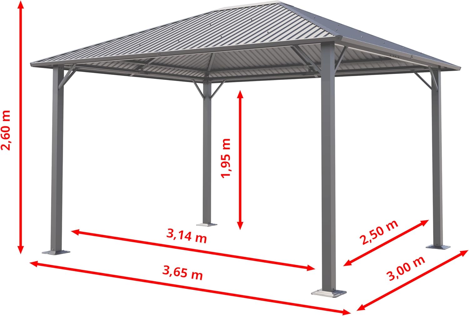 TOOLPORT Gartenpavillon 3x3,65 m mit Stahldach - Hardtop Pavillon mit 4 Seitenteilen und Moskitonetzen in Grau