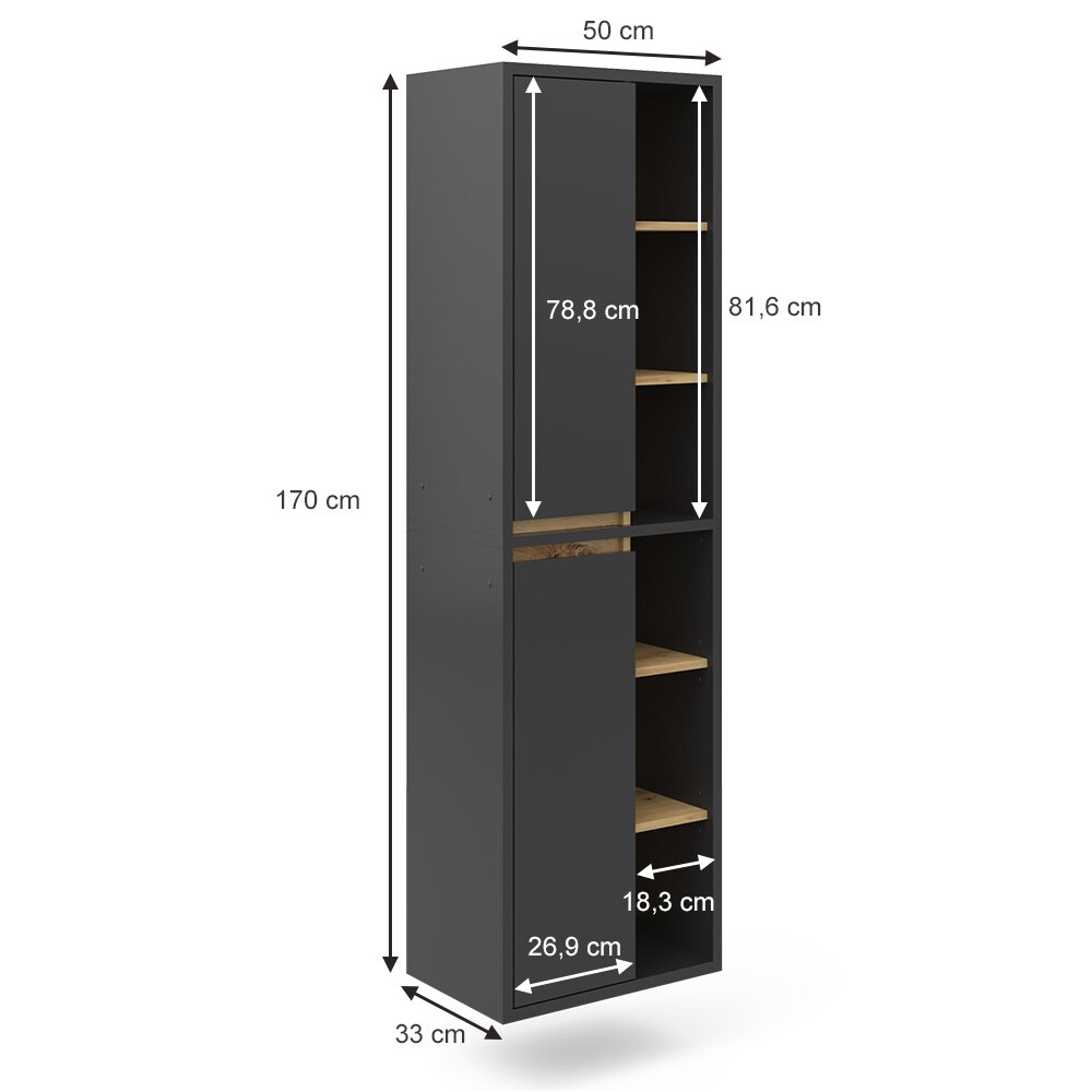 Vicco Hochschrank Badschrank Badezimmermöbel Viola Anthrazit Eiche modern 50x170 cm Badkommode Badezimmer Schrank Badmöbel Schranktür Schrankfach