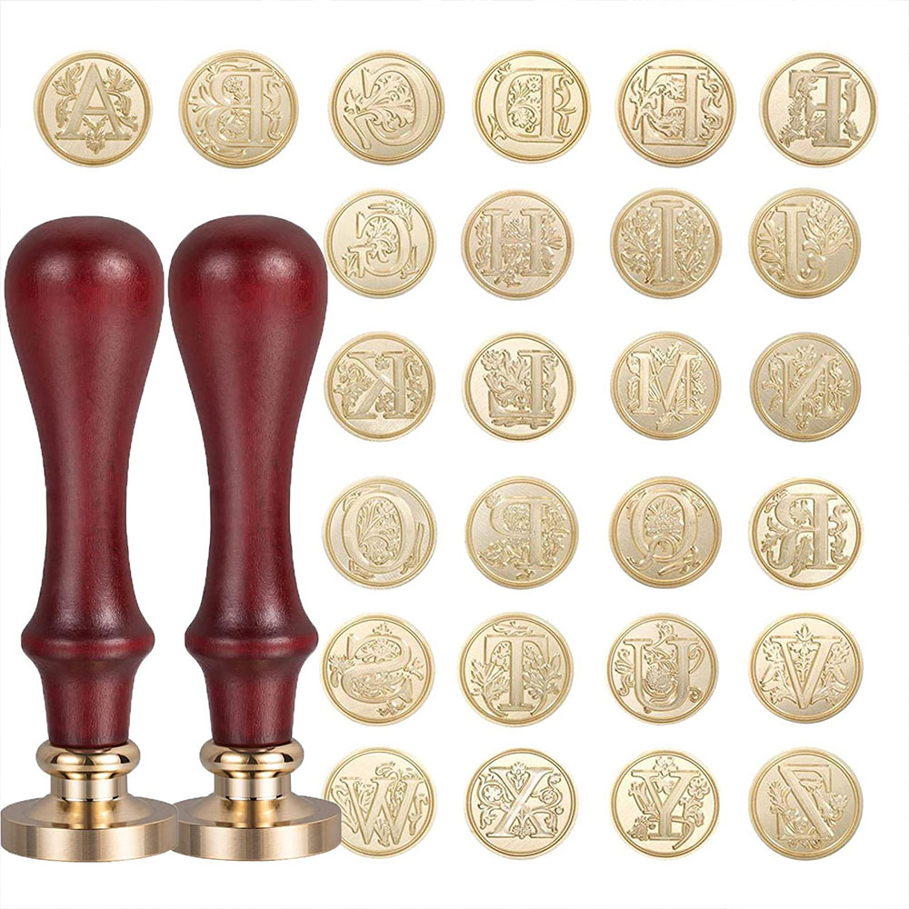 (28-tlg. Set) Holz Siegelwachs Stempel Petschaft mit Messing Alphabet Aufsätzen für Brief Versiegelung