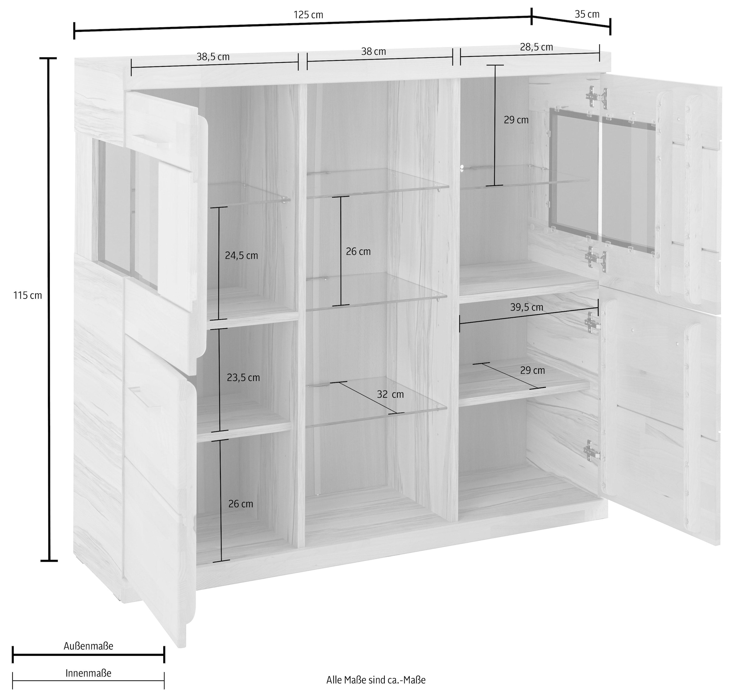 Home affaire Highboard »Ribe,120cm breit,112cm hoch,Oberplatte massiv,12 Fächer« Holz massiv, Holzwerkstoff, Metall Griffe,2Türen mit Glaseinsatz