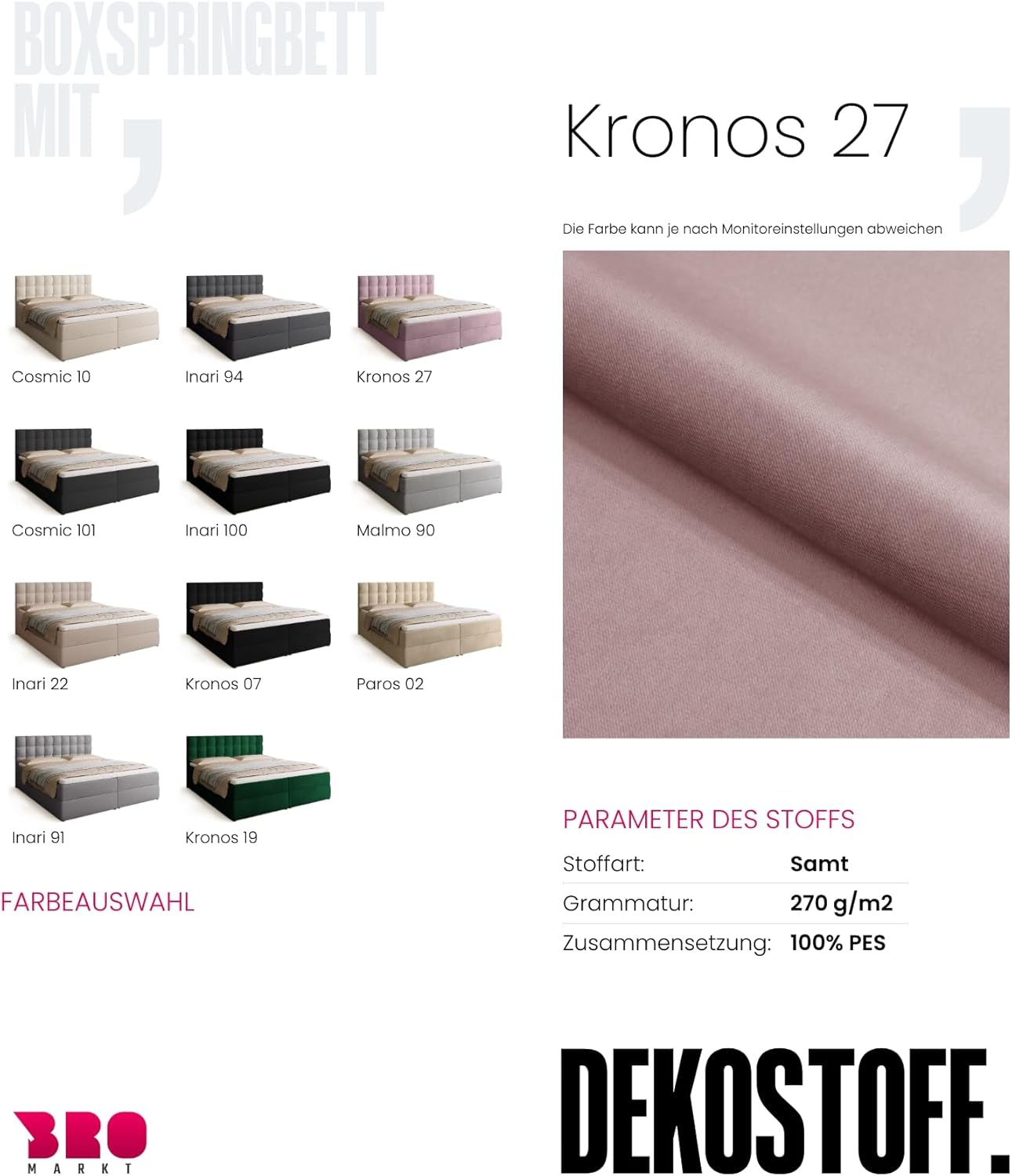 BROMARKT Boxspringbett mit Bonell Matratze und Bettkasten Doppelbett mit Topper 180x200cm Härtegrad H3 Bett für Schlafzimmer gepolsterte Kopfstütze Detroit Puderrosa