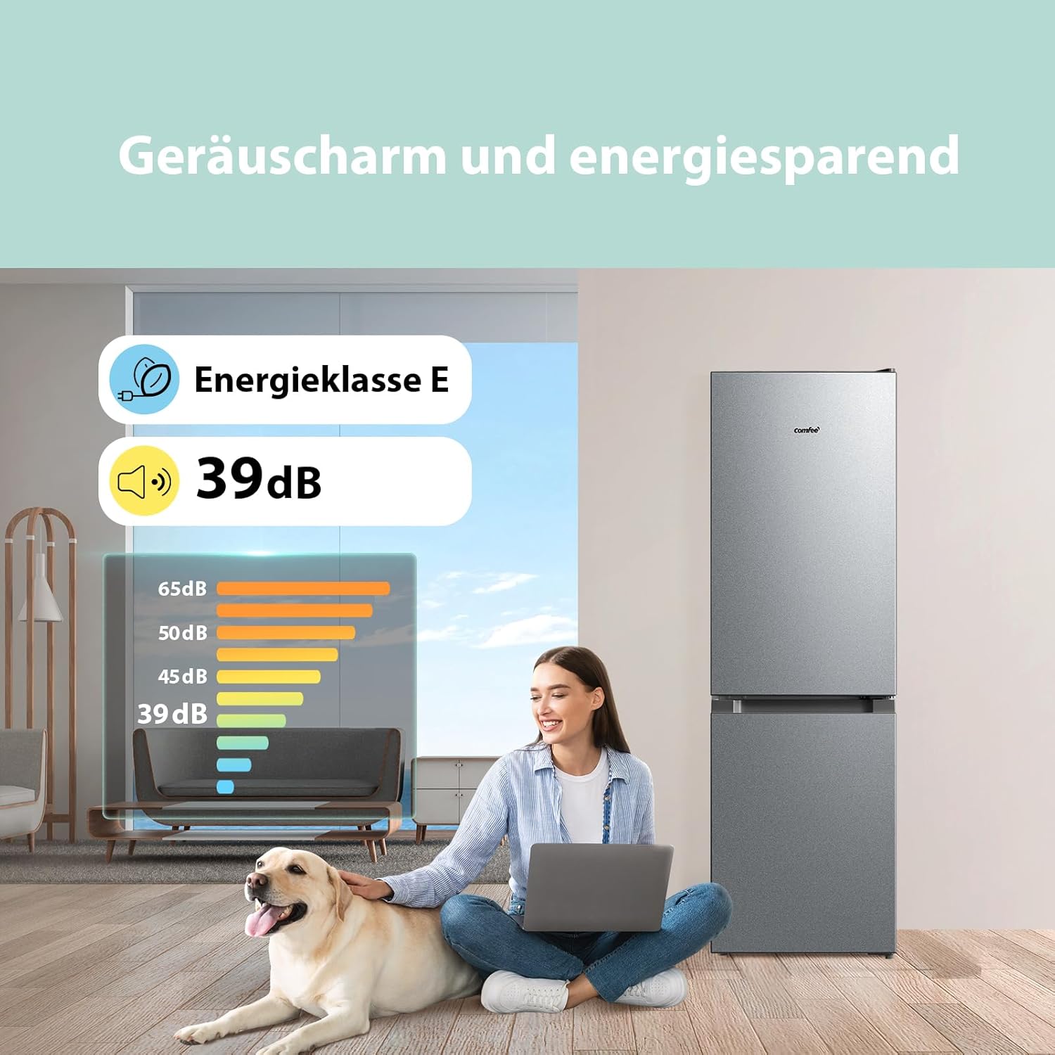 Comfee RCB169DS2(E) Kühl-/Gefrierkombination/150 cm Höhe/Low Frost/Einstellbare Kühlschranktemperatur/LED-Licht/195 kWh/Jahr/115L Kühlteil/59L Gefrierteil/Silber