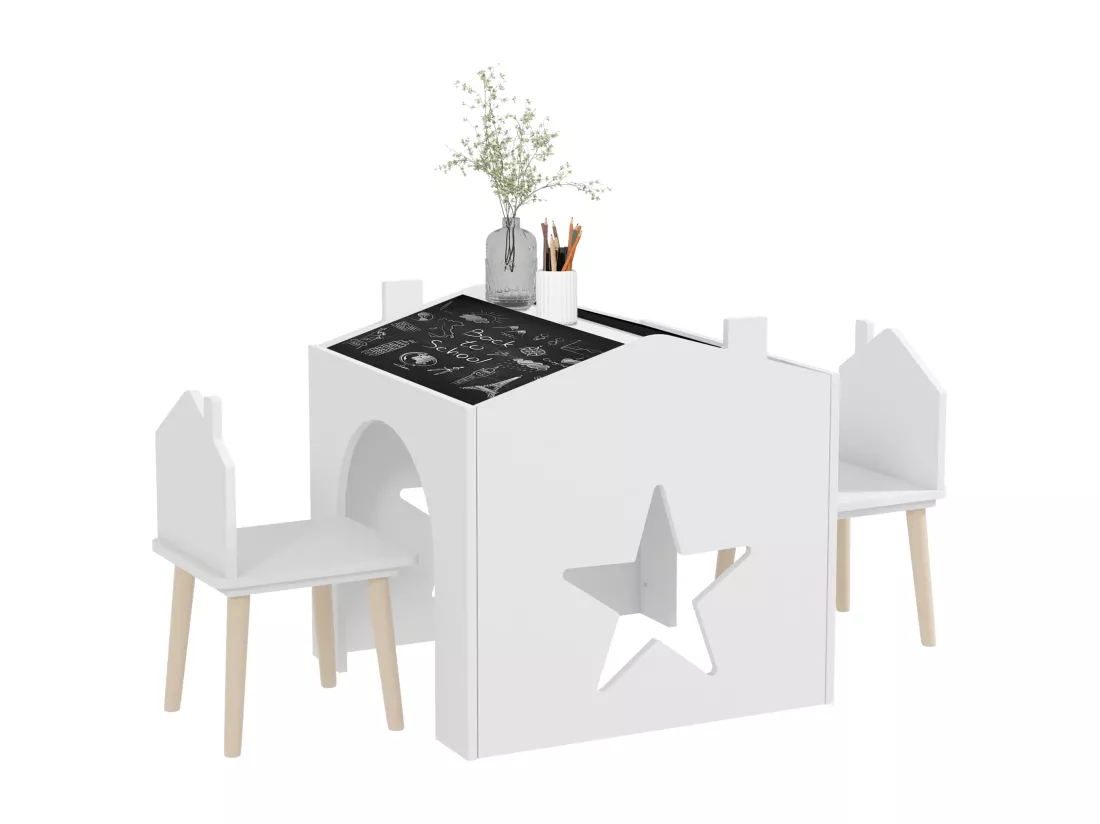 Ensemble 1 table et 2 chaises enfants avec plateau de tableau noir, pieds en pin, pour 3-8 ans, blanc