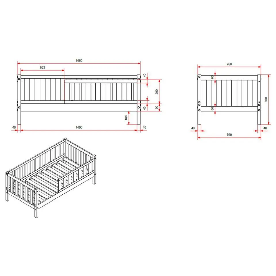 Peuterbed Petronille 70 x 140cm dennenhout - grijs
