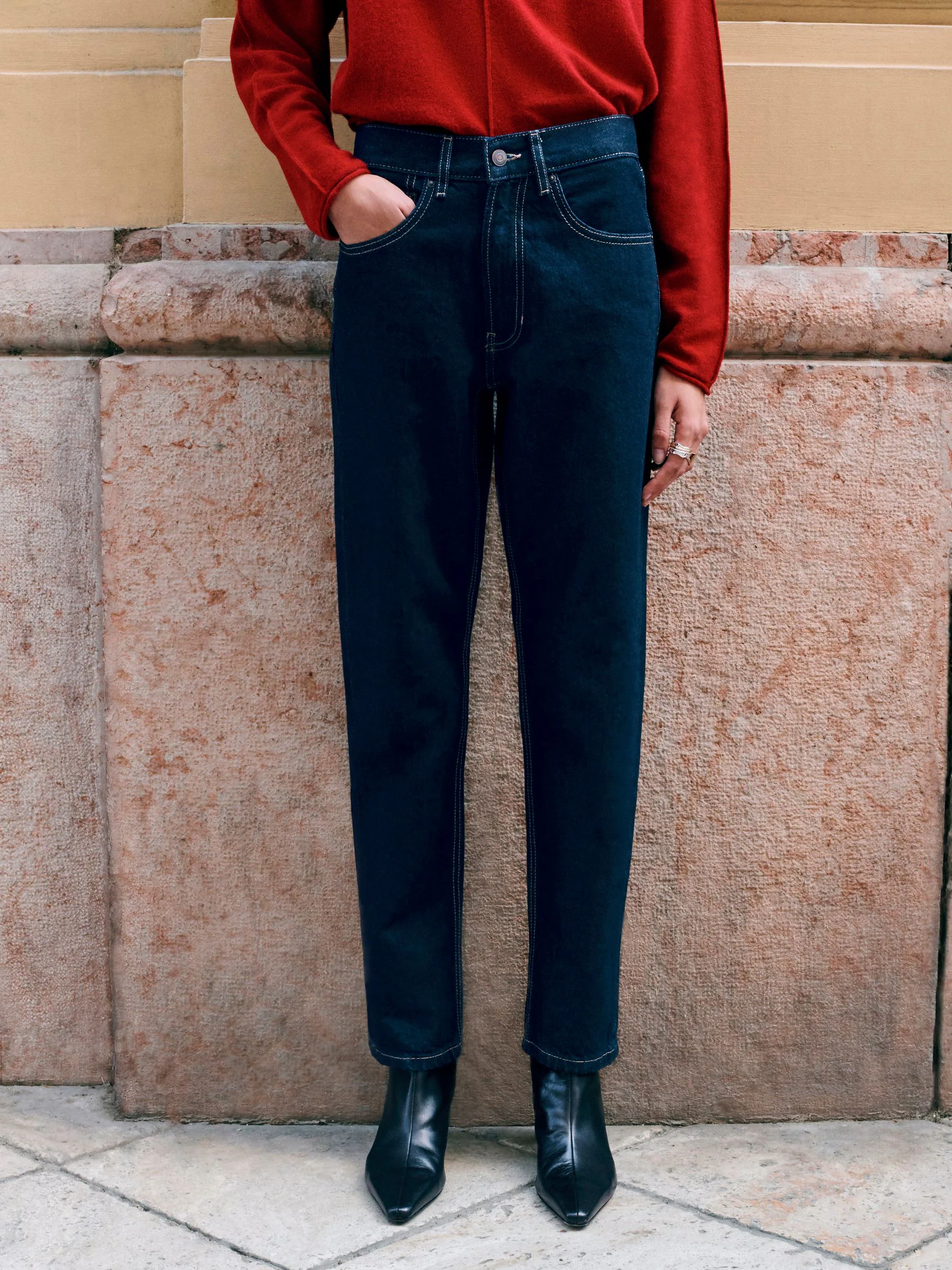Blauw met wassing - 100% katoenen mom jeans met rechte pijpen