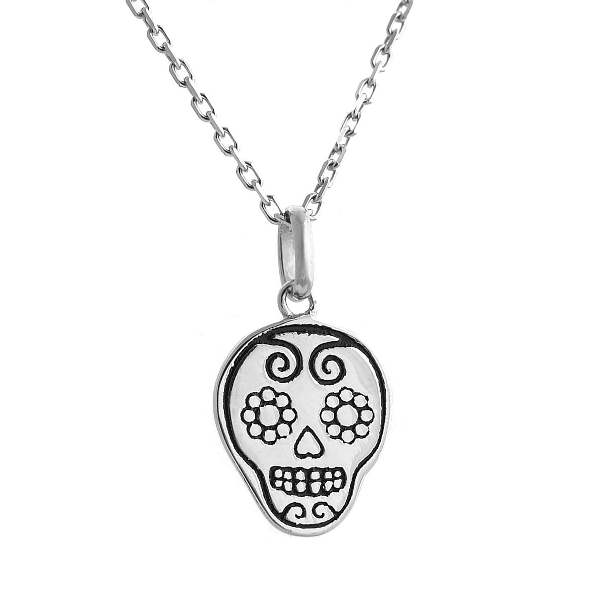 Collier tête de mort mexicaine fleuri cavalera Argent 925 Rhodié