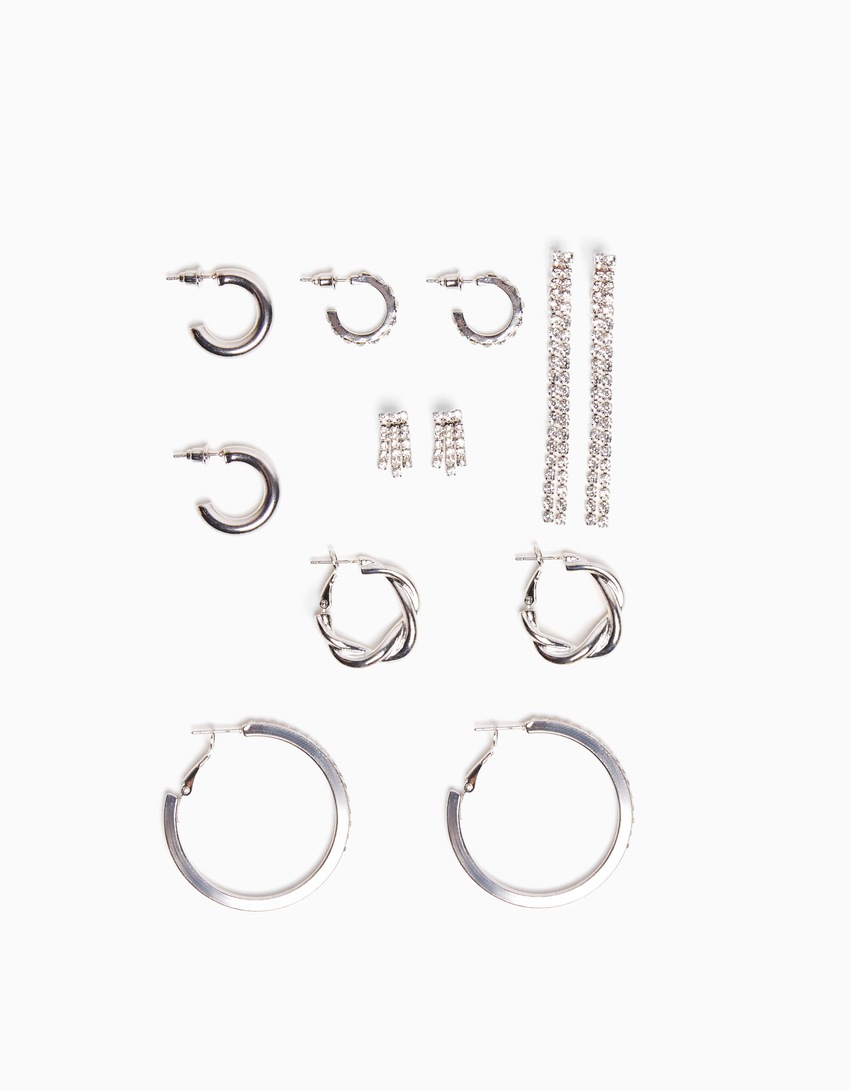 Conjunto de 6 brincos de argola em cascata com strass