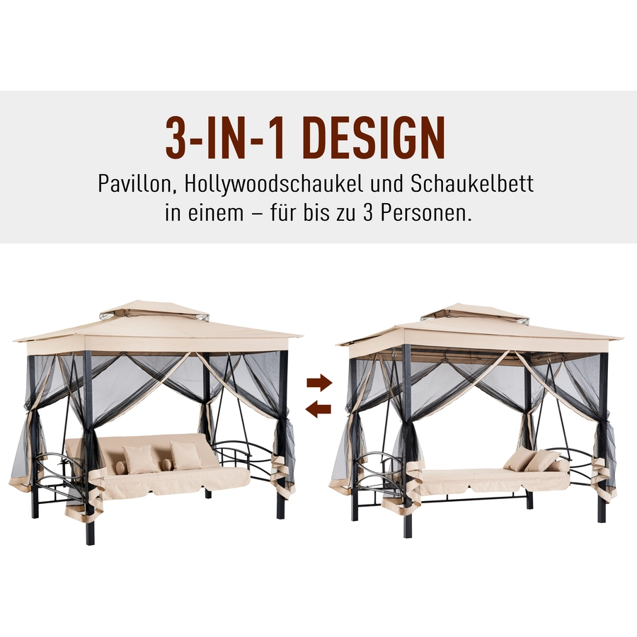 HOMCOM Hollywoodschaukel 3-Sitzer mit Seitenwänden und Liegefunktion beige