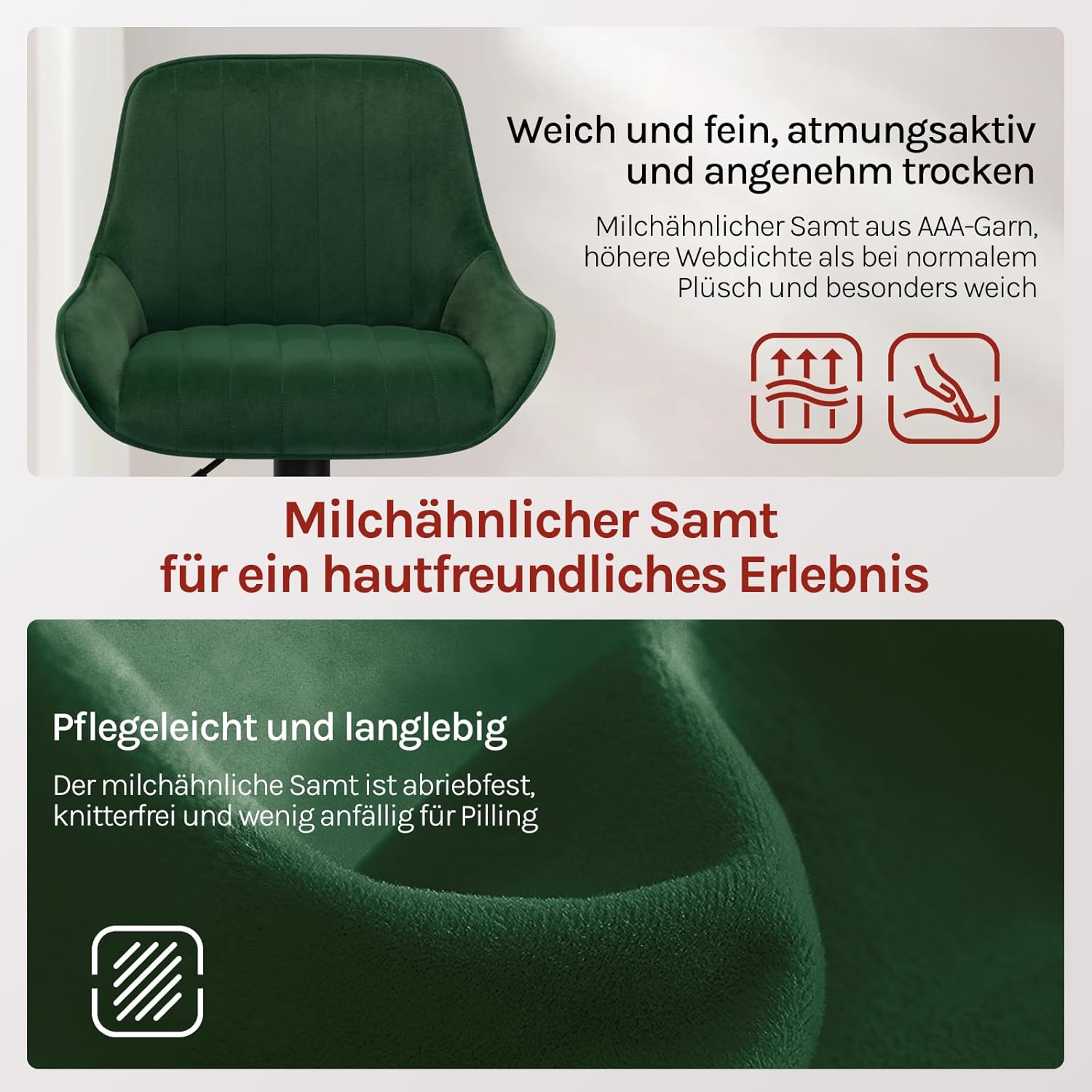WOLTU Barhocker 2er Set, Höhenverstellbar und 360° Drehbar, Barstuhl mit Rückenlehne und Fußstütze, für Küche Bar Esszimmer, Milchzarter Plüsch, Dunkelgrün