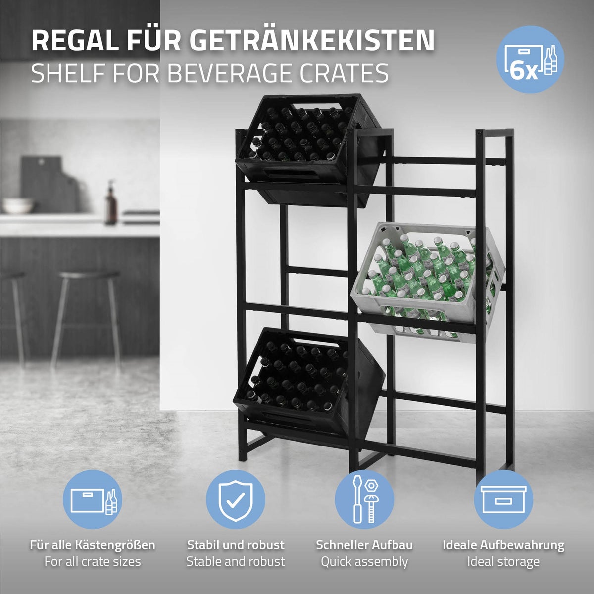 ML-Design drankkrattenrek voor 6 kratten, 91x31x116,5cm, staal, vrijstaand, stand-alone rek voor drankkratten, drankenrek, krattenrek, bierkrattenrek, drankkrattenstandaard, krattenstandaard