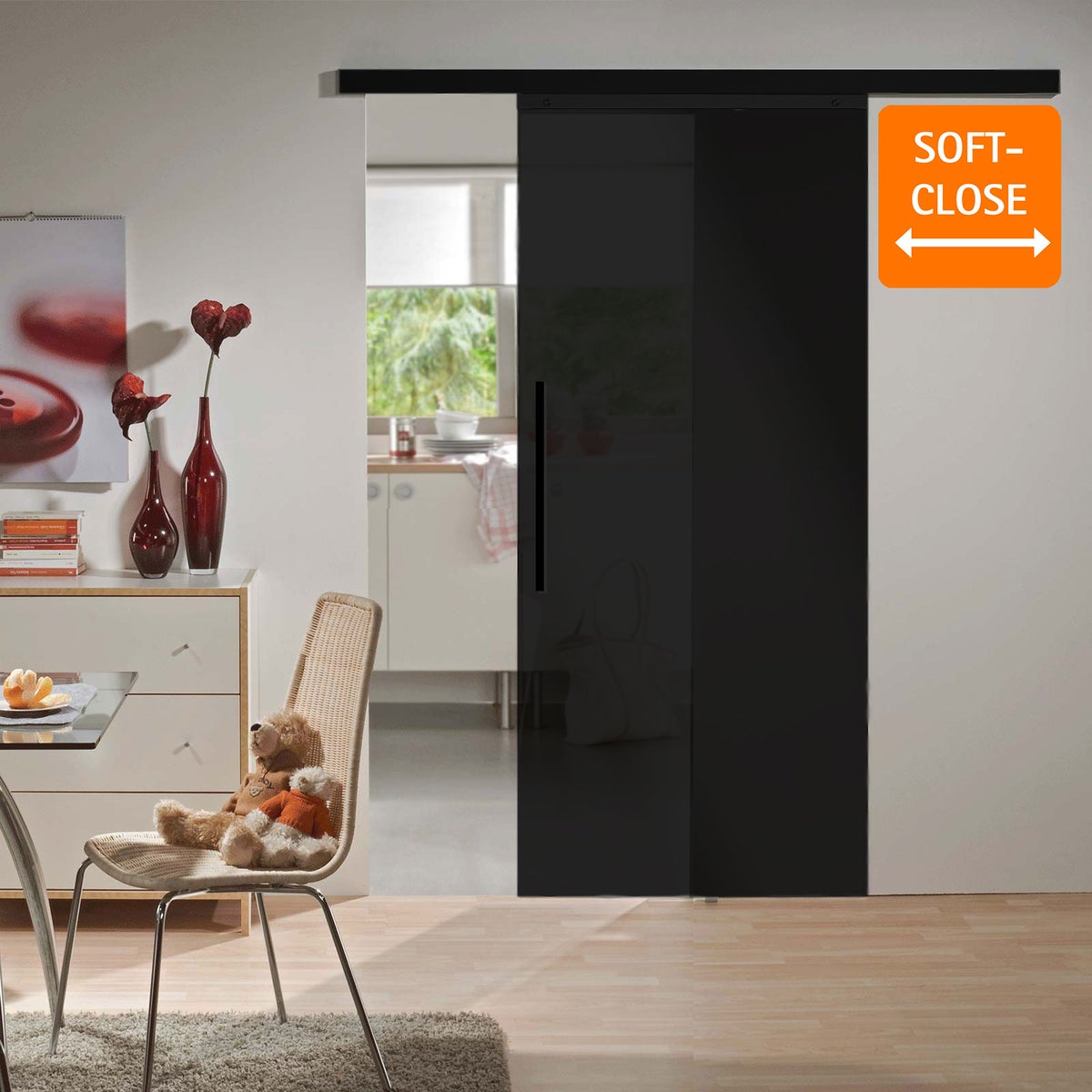 Schuifdeur van glas, zwarte satijnen afwerking, 900x2035 mm, binnendeur, glazen schuifdeur, glazen deur - greeplijst - softclose aan beide zijden