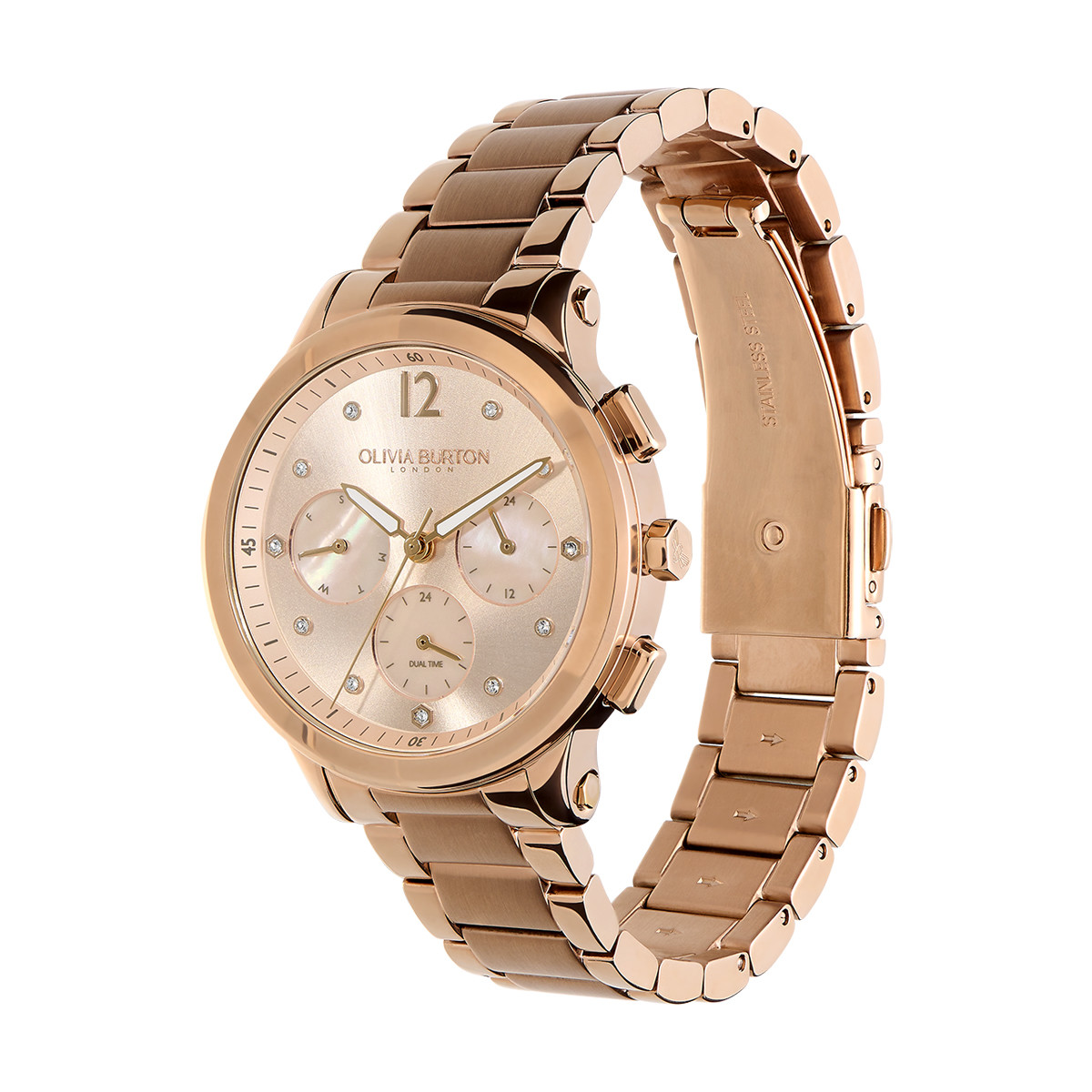 Montre OLIVIA BURTON multi function femme analogique, bracelet acier doré rose