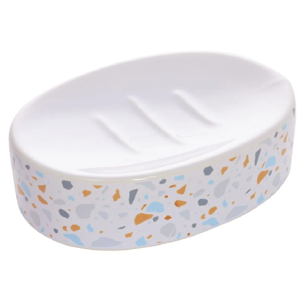 Porte-savon céramique motif terrazzo blanc et bleu 13x8,5xH3cm