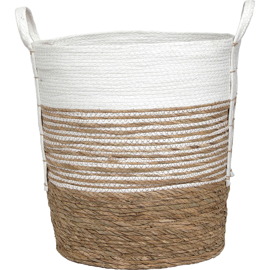 Panière à linge rayée végétale blanche H47cm