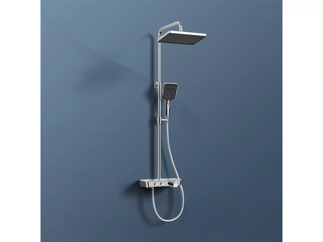 EMKE Colonne de douche thermostat, douchette à 3 puissances de jet, jet cascade, set de douche avec étagère en verre, Certification KTW, Chrome