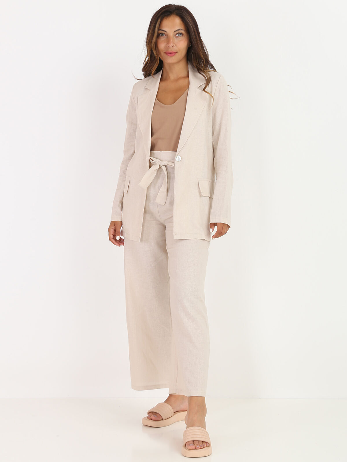 Pantalon large en lin- Beige
