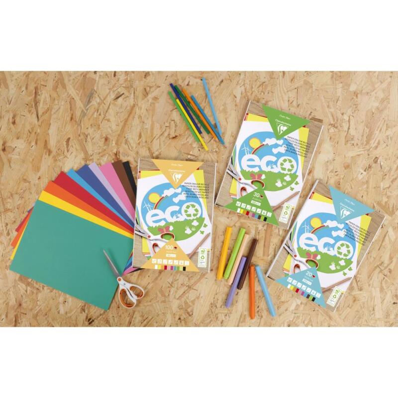 PAPIER COULEUR RECYCLÉ, Bloc de 30 feuilles 120g/m2 au format 21x29,7cm - Assortiment