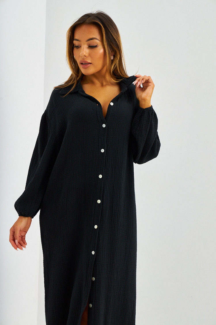 Robe chemise longue en coton texturé noir