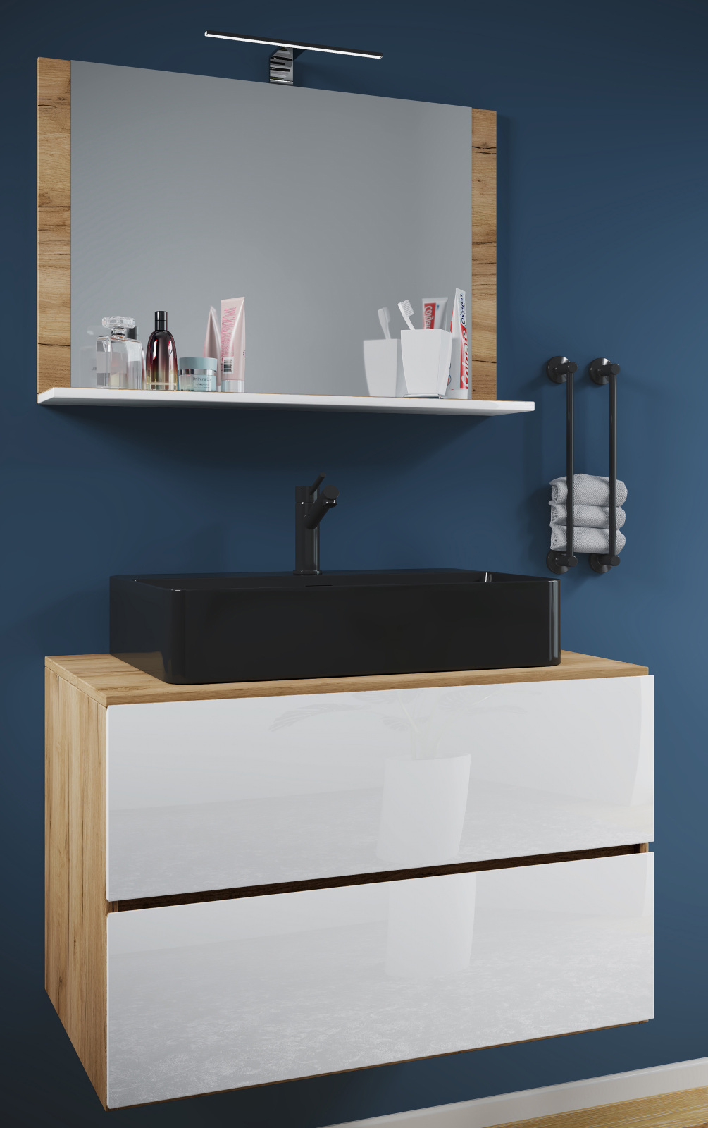 3-teiliges Badmöbel-Set LENDAS BL - weiß - Honig Eiche - 80 cm breit