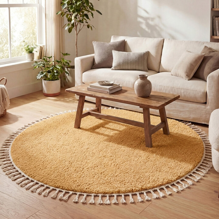 Rond hoogpolig vloerkleed - Lofty Fringe Geel | Sfeervol!