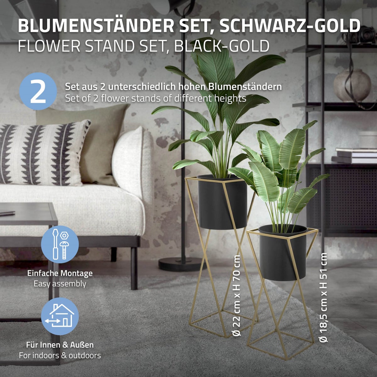 ML-Design Bloemenstandaard, Set van 2, Zwart en Goud, 21x21x51/24x24x70,5 cm, Staal, Bloempotstandaard met plantenbak, Metalen plantenstandaard, 2-delige bloempothouder, Decoratieve plantenbak, Bloemenzuil, Bloemenkruk