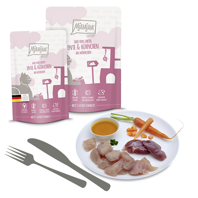 Quetschie - DUO von zarter Ente & saftigem Hühnchen an Möhrchen