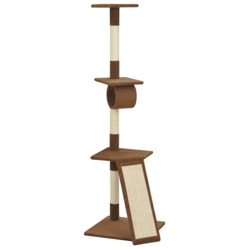 Arranhador marrom para gatos com hastes de sisal.