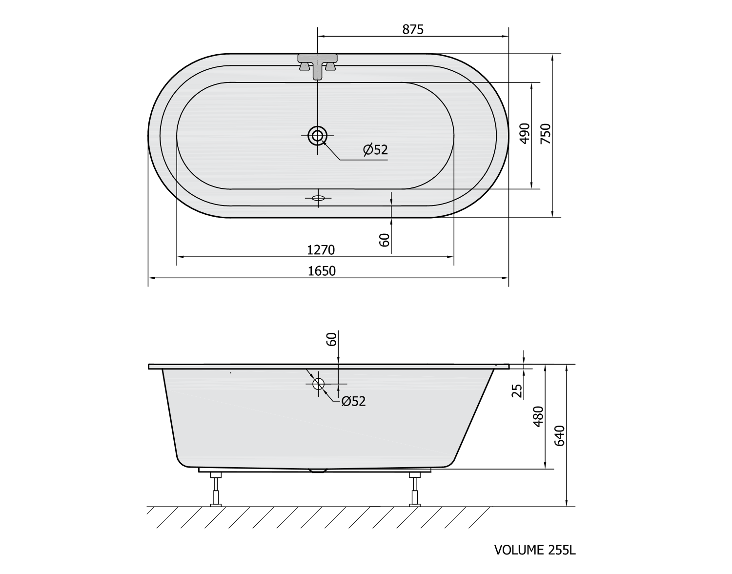 Polysan Astra Oval bad 165x75x48cm wit
