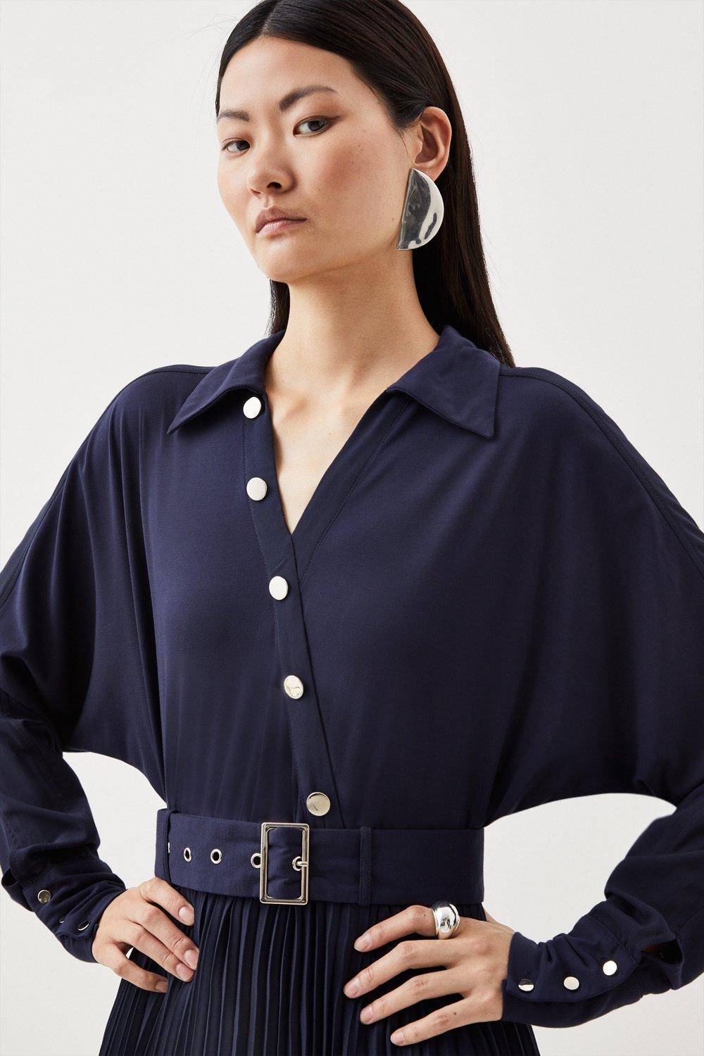 KarenMillen Robe midi plissée à ceinture en mélange de jersey et georgette