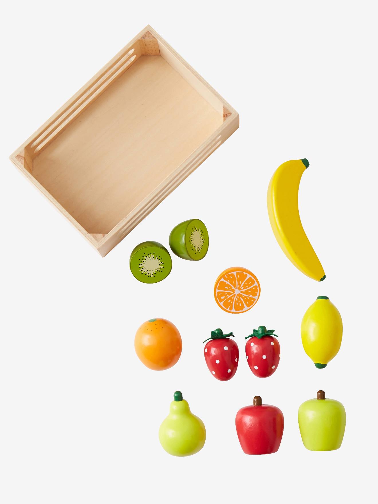 Caixa de frutas de madeira para cozinha de brinquedo, multicolorida