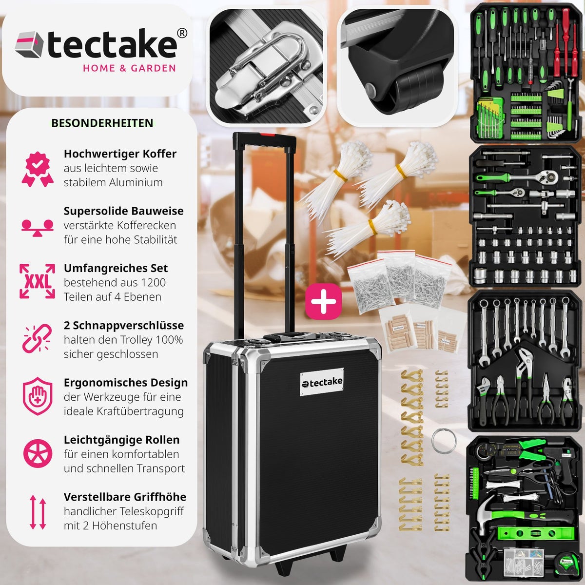 tectake 1200-delige gereedschapskoffer met inklapbare handgreep en telescopische handgreep