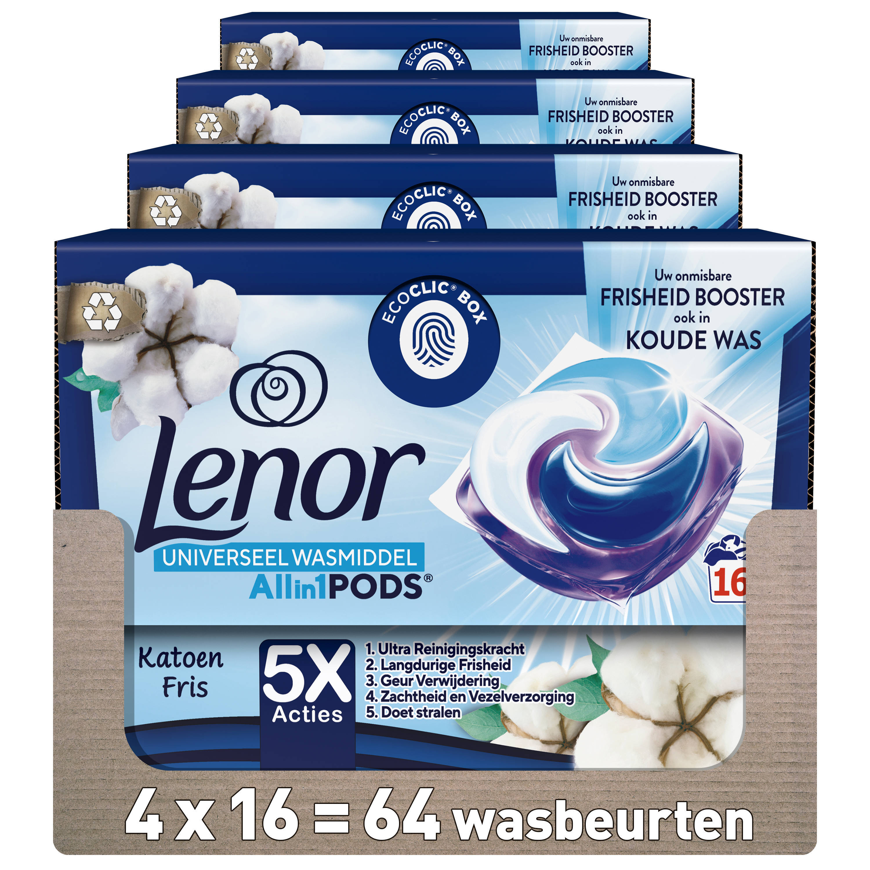 Lenor PODS Katoen Fris wascapsules wasmiddel - voordeelverpakking - 4 x 16 wasbeurten - 64 wasbeurten