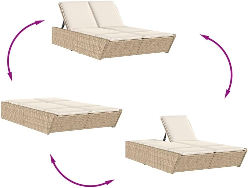 IKAYAA Doppelliege Outdoor 2 Personen Verstellbar Sonnenliege 2 Personen Rattan Sonnenliege Sonnenbett Loungebett Gartenbett mit Auflage Liege Outdoor Rattanliege Beige und Creme
