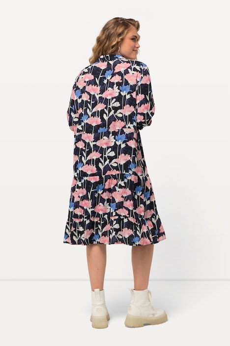 Midikleid, Aquarellblumen, Hemdkragen, Langarm