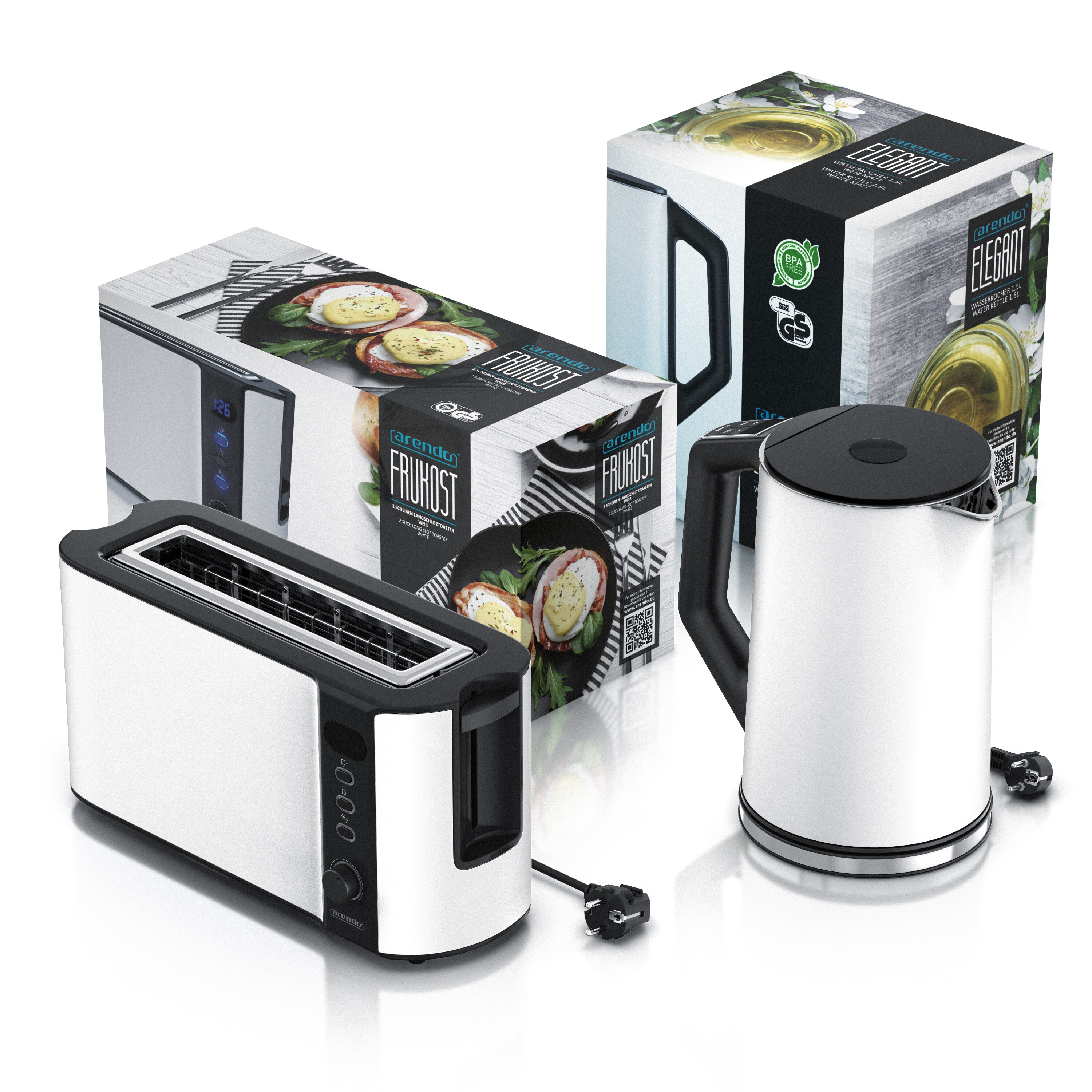 Arendo Frühstücks-Set, 2-Scheiben Langschlitz-Toaster/Wasserkocher 1,5L, Weiß